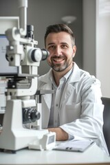 A scientist in a lab coat sits at a microscope, examining a sample