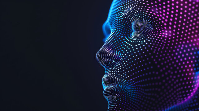 futuristic digital face composed of glowing blue and purple dots on a dark background. The abstract design emphasizes technology, innovation, and artificial intelligence