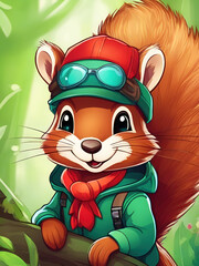 cartoon style squirrel with a backpack and glasses hiking to discover the forest