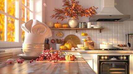 Sunlit cozy kitchen with autumn decor, chef's hat on counter. Perfect for seasonal recipes, home interiors, and culinary themes.