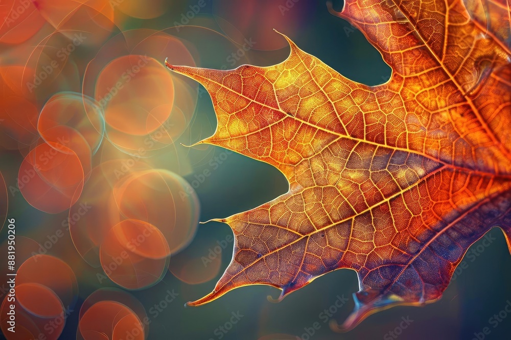 Poster close-up of an autumn leaf with vibrant colors and blurred lights in the background, capturing the e