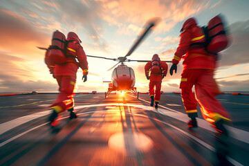 blurred motion of rescue and paramedics team running to a helicopter emergency medical service