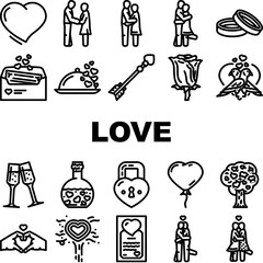 love heart shape valentine day icons set vector. people woman, care together, lifestyle social, man happy, couple, wedding love heart shape valentine day black contour illustrations