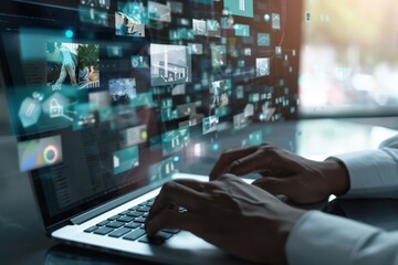 Modern businessman engrossed in his laptop with floating digital screens showcasing business analytics and imagery, embodying the fusion of technology and marketing in contemporary sales strategies. C