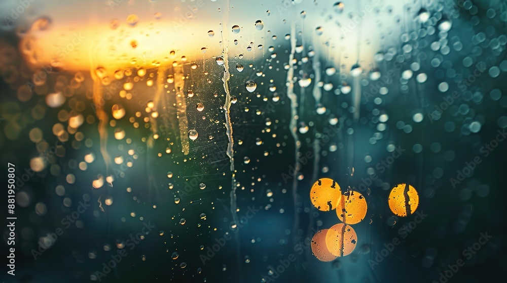 Poster serene raindrops: soft-focus windowpane with mesmerizing light patterns