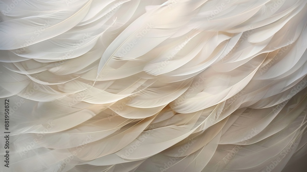 Poster abstract composition of overlapping feathers with intricate details and soft, natural hues