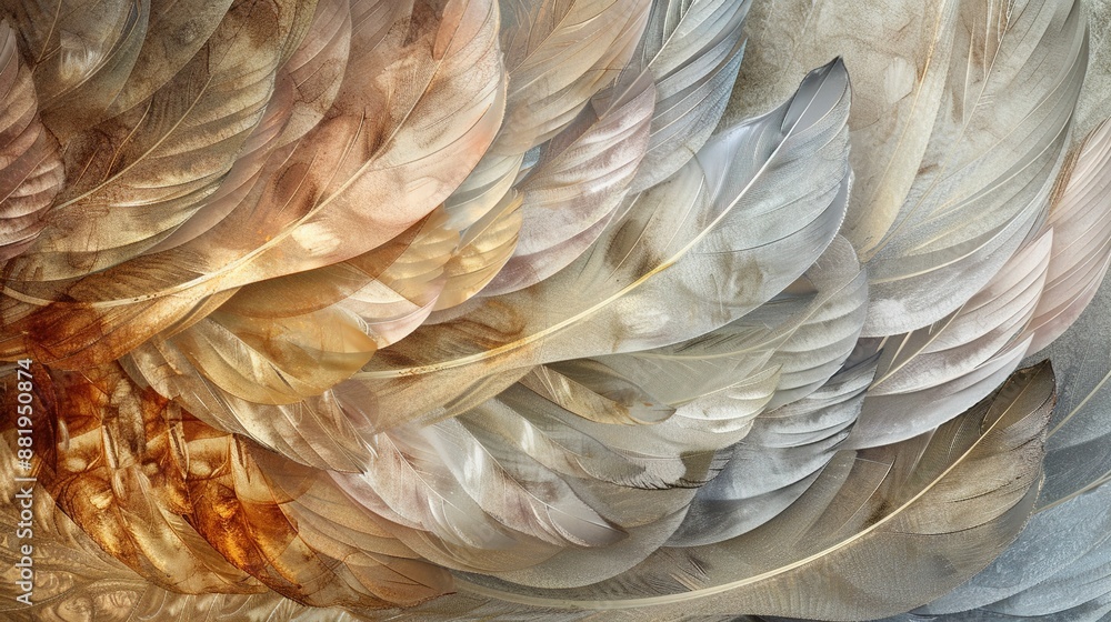 Poster ethereal feather symphony: abstract overlapping feathers in soft hues