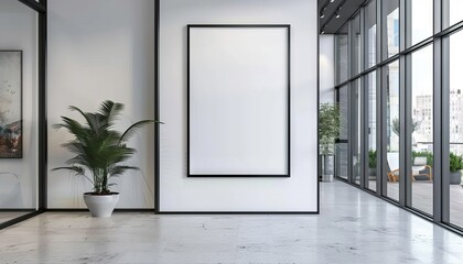 Modern glass, metal, and stone office interior mockup frame in background. Empty frame on wall