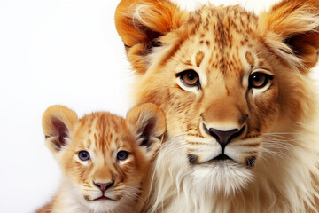 Fototapeta premium An adult lion with a lion cub on a white background, postcard