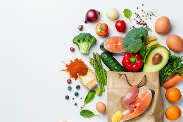 Healthy food ingredients arranged creatively on a white background. Fresh vegetables, fruits, and salmon. Ideal for cooking blogs, healthy eating websites, and diet resources. Generative AI