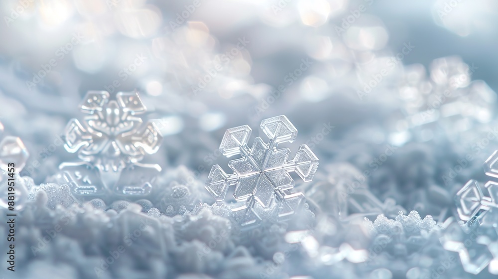 Poster intricate delicate snowflakes with geometric patterns in soft focus on white surface