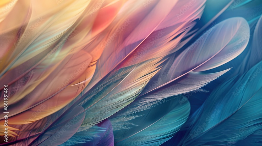 Poster ethereal feather symphony: abstract composition of overlapping feathers with soft gradients and intr