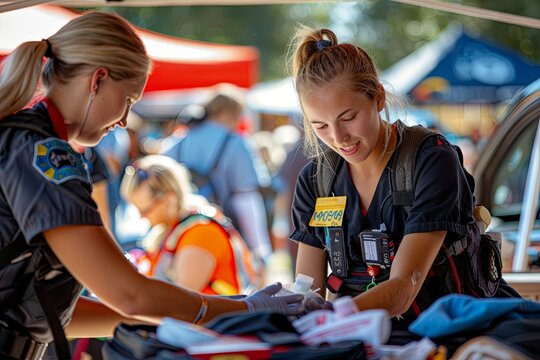 Two female emergency medical responders work together to provide first aid to a patient at an outdoor event. Generative AI