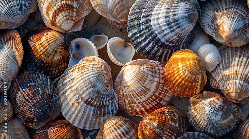 Poster Coastal Treasures: Artistic Composition of Weathered Seashells with Textured Patterns and Subtle Tones under Sunlight