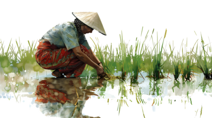 Woman working in a rice paddy, Labor Day tribute to agricultural labor, rural farming scene, png file, isolated on white