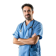 Healthcare, profession and medicine concept - happy smiling doctor or male nurse in blue uniform with stethoscope. Transparent background or PNG file