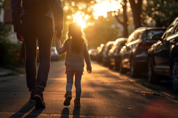 A young girl, walking hand in hand with an adult on a street at sunset in warm light, background of parked cars.