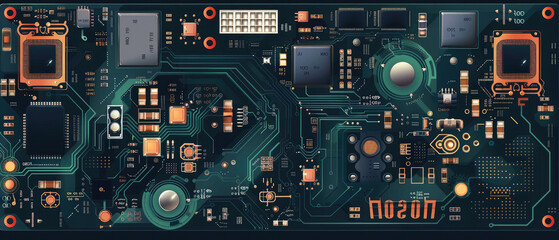 Fototapeta premium high detail technology electronic circuit transistor board electricity components NFC display connection wallpaper viewed from above