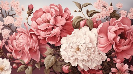 Blooming Peonies and Cherry Blossoms