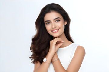 Fototapeta premium indian beauty fresh skin long black hair in summer dress smailing in happy mode with clock