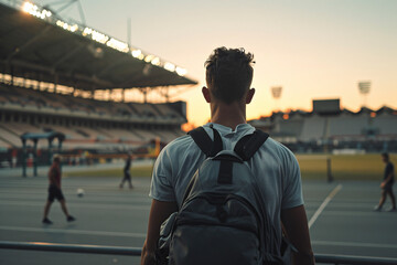 A young person with a backpack faces a track field and stadium at sunset, creating a dynamic scene full of energy and anticipation for future possibilities and achievements.