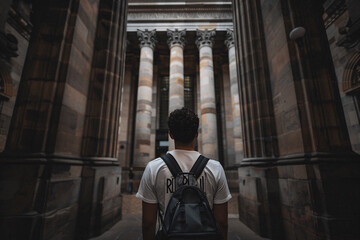 A man with a backpack stands before towering ancient architectural columns within a majestic building, evoking feelings of history, grandeur, and human curiosity.