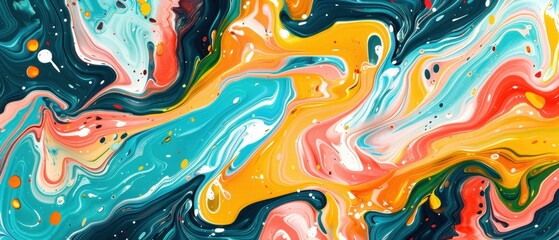 Obraz premium Vibrant abstract painting with colorful swirling patterns in orange, blue, and green tones creating a dynamic and lively visual effect.