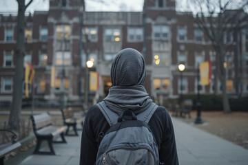 A person wearing a headscarf, holding a backpack, stands on a pathway towards a traditional educational building with glowing windows, capturing a moment of peaceful anticipation and academia.