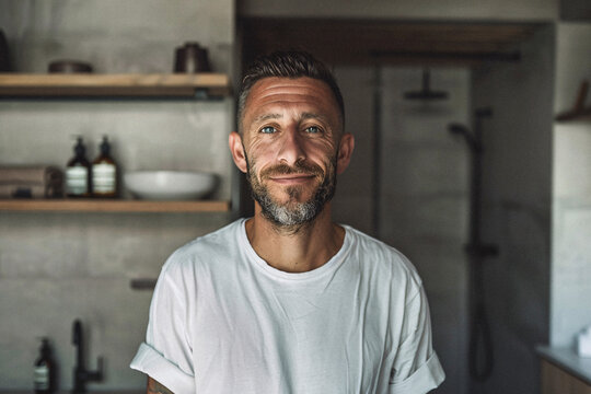 A middle-aged man with short hair and a grey beard smiles warmly in a well-organized kitchen with wooden shelves and various kitchen items, creating a homely and welcoming atmosphere.