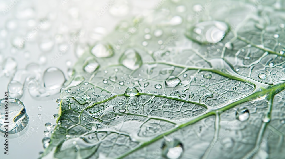 Poster delicate raindrops creating miniature pools on leaf in soft light against white background