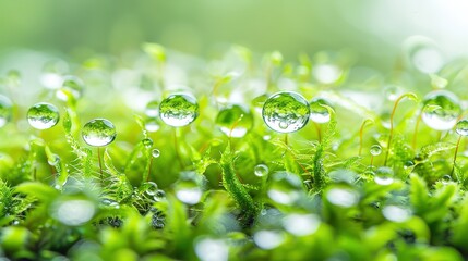 Serene Rain-Soaked Moss with Glistening Droplets on White Background for Text Overlay.