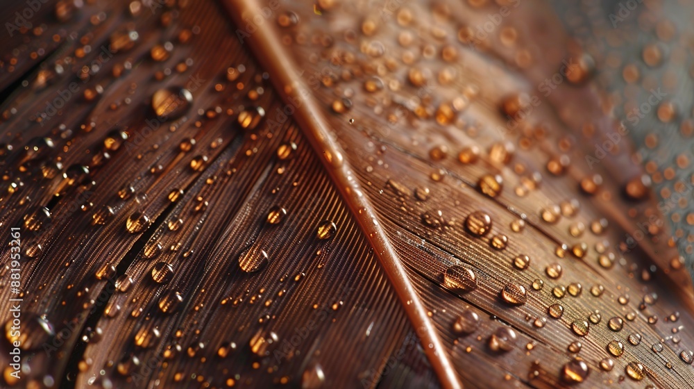 Poster graceful elegance: macro view of raindrops on feather with intricate details and soft background glo