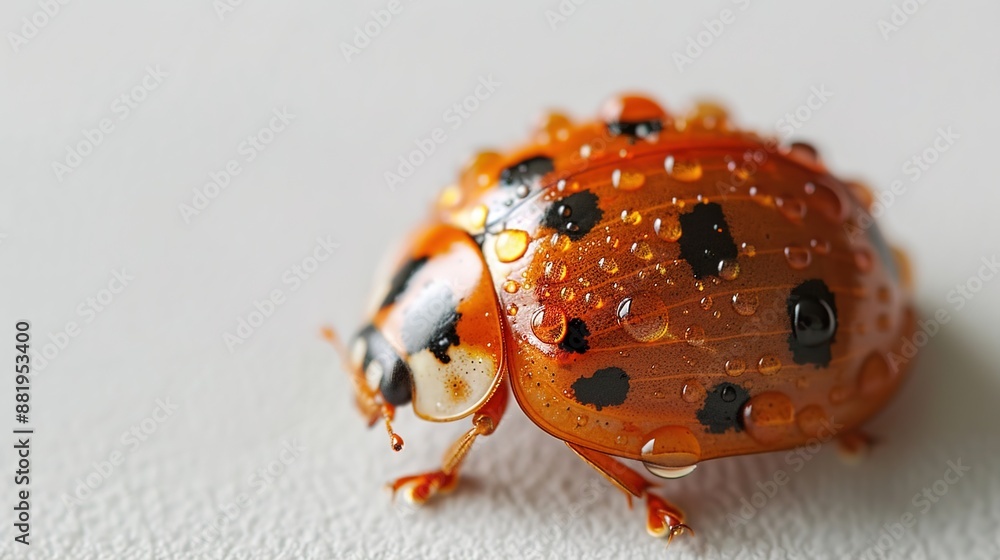 Poster serene macro shot of raindrops on ladybug shell with soft lighting on white background