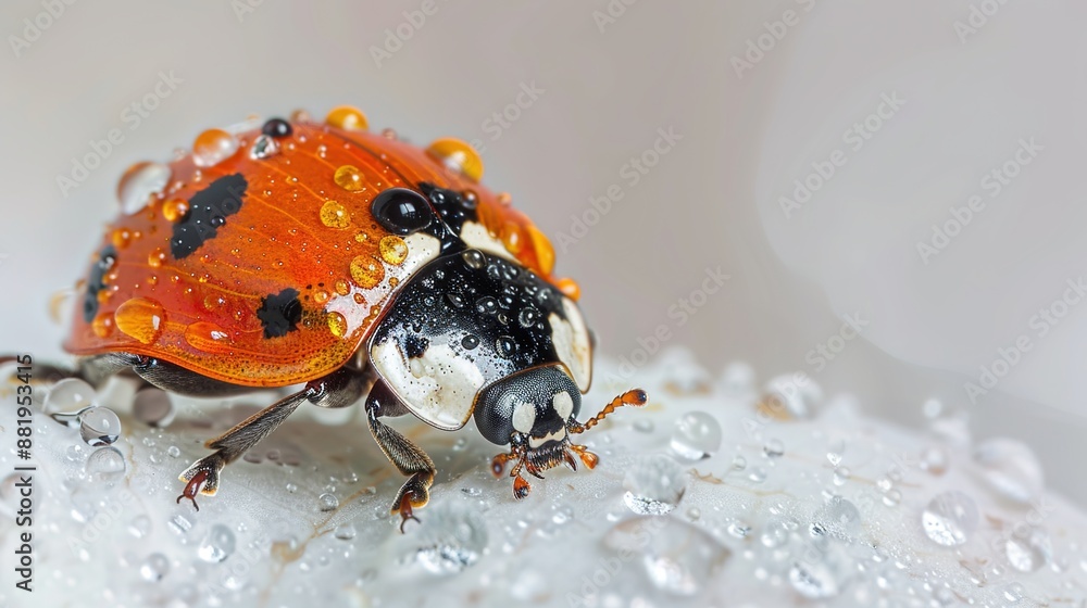 Poster delicate raindrops on ladybug shell in macro photography with soft lighting on white background