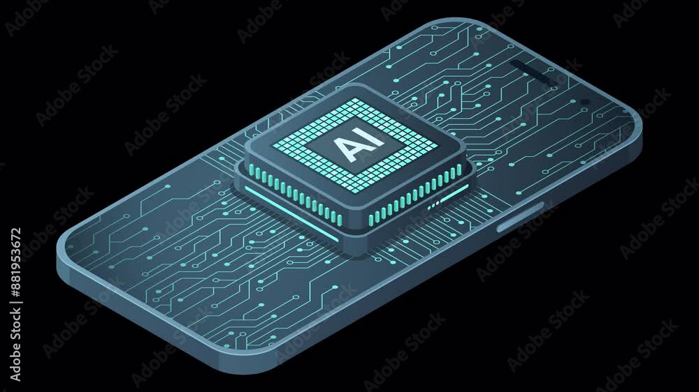Poster isometric smartphone with ai animation. artificial intelligence and smartphone concept. smartphone w