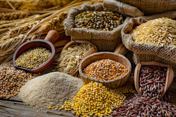 Fototapeta premium Arrange a variety of whole grains on a table