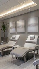 Fototapeta premium Modern Clinical Recovery Area with Comfortable Recliners and Ambient Lighting