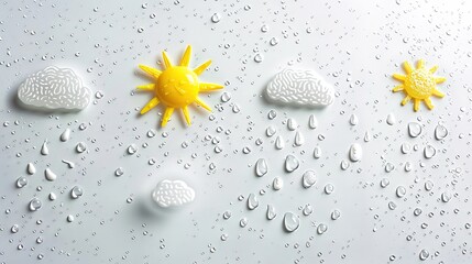 Dynamic Weather Contrast Icons - Rain and Sun Elements in High Contrast on White Background, Macro Photography with Natural Light
