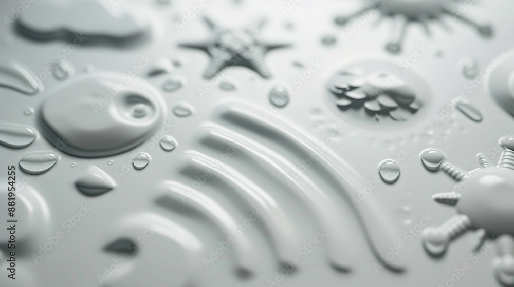 Poster macro weather symbols on clear white backdrop with diffused lighting and high contrast