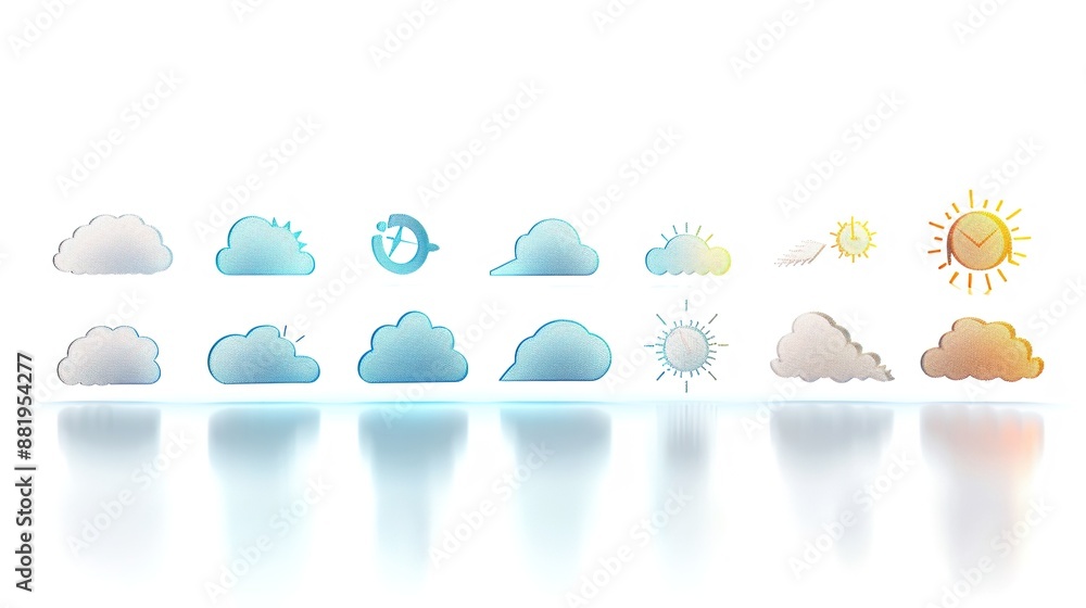 Poster illuminated weather forecast icons in macro photography with copy space on white background