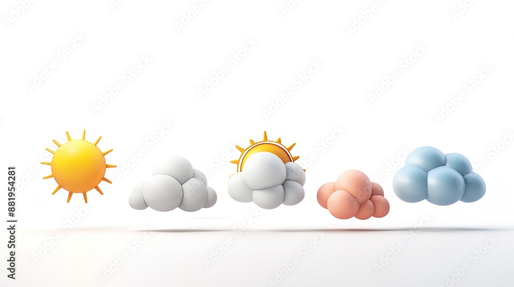 Poster illuminated weather forecast icons on white background with copy space
