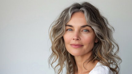 Beauty facial skin of middle-aged woman with perfect natural makeup and bright smile highlighting facial features and smooth skincare texture of beautiful skin color isolated on white background