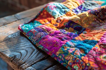 Handmade Quilt with Intricate Patterns and Vibrant Colors on Rustic Wooden Table