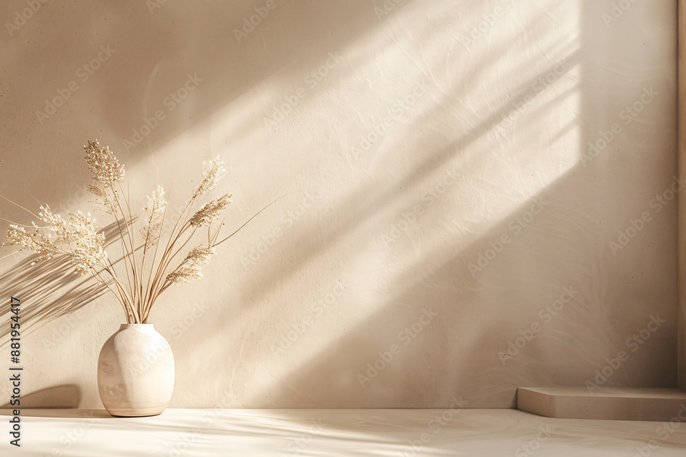 Poster beige background with soft shadow and light, minimal studio room for product display presentation or