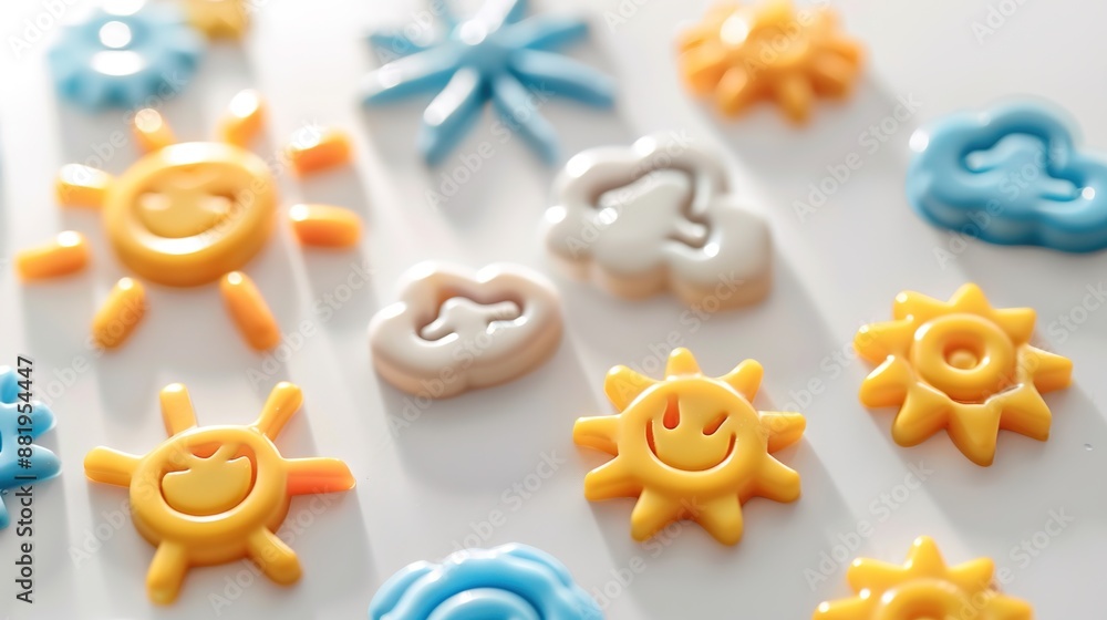 Poster vibrant weather forecast symbols in high contrast macro shot on bright white background with soft di