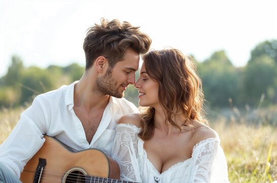 Young couple is sitting in a field, looking lovingly at each other. The man is holding an acoustic guitar and the woman is smiling