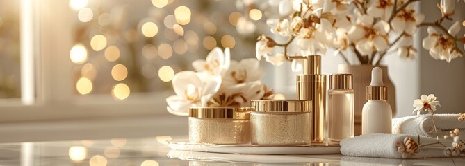 Luxury bath products with soft lighting.