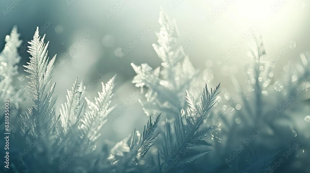 Poster winter frost crystals macro view in diffused light on glass with white backdrop - high contrast natu