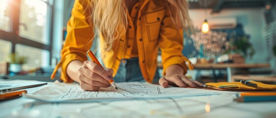 Naklejka premium Woman in a yellow jacket writes on a large sheet of paper.