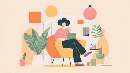 Person working on a laptop in a cozy, minimalist living room